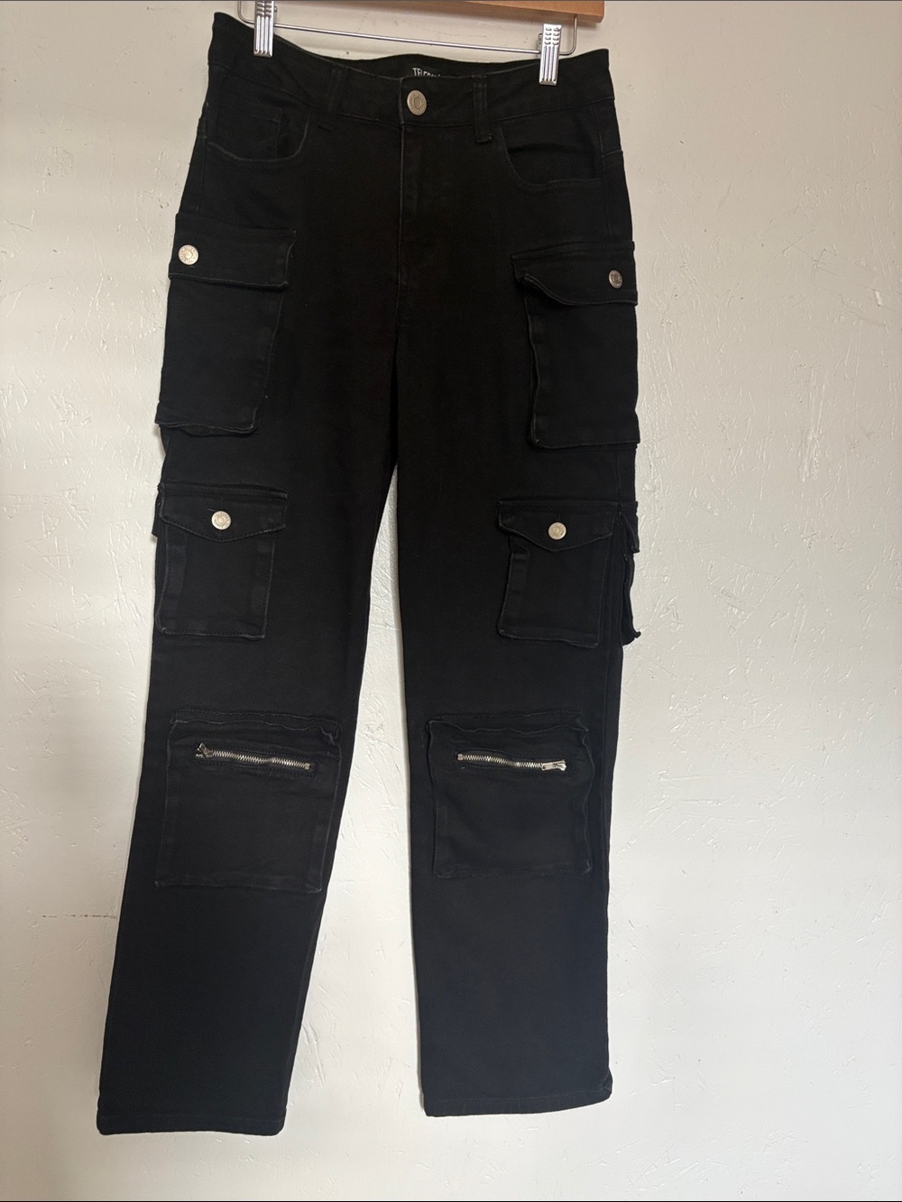 High-Rise Black Straight Cargo Jeans with Zip Detail